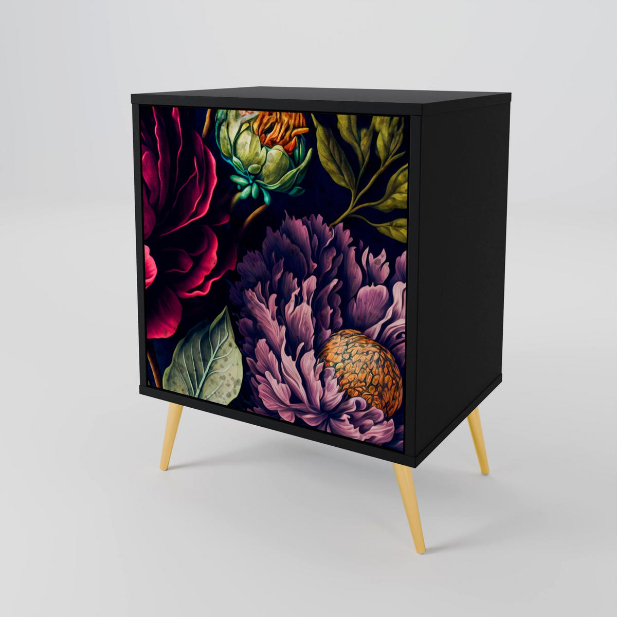 SIDEBOARD BLOOMING ELEGANCE, Schwarz, 57,5x42x67,5 cm, Schwarze Metall-Rahmenfüße - Multicolor/Schwarz, Holzwerkstoff/Metall (57.5/67.5/42cm) - SpaceRebels