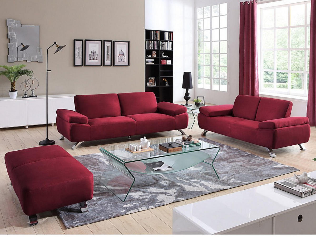 SOFA - 3 Personen - stoff - rot Polka - Rot, Textil/Metall (220/78/90cm) - Vente-Unique
