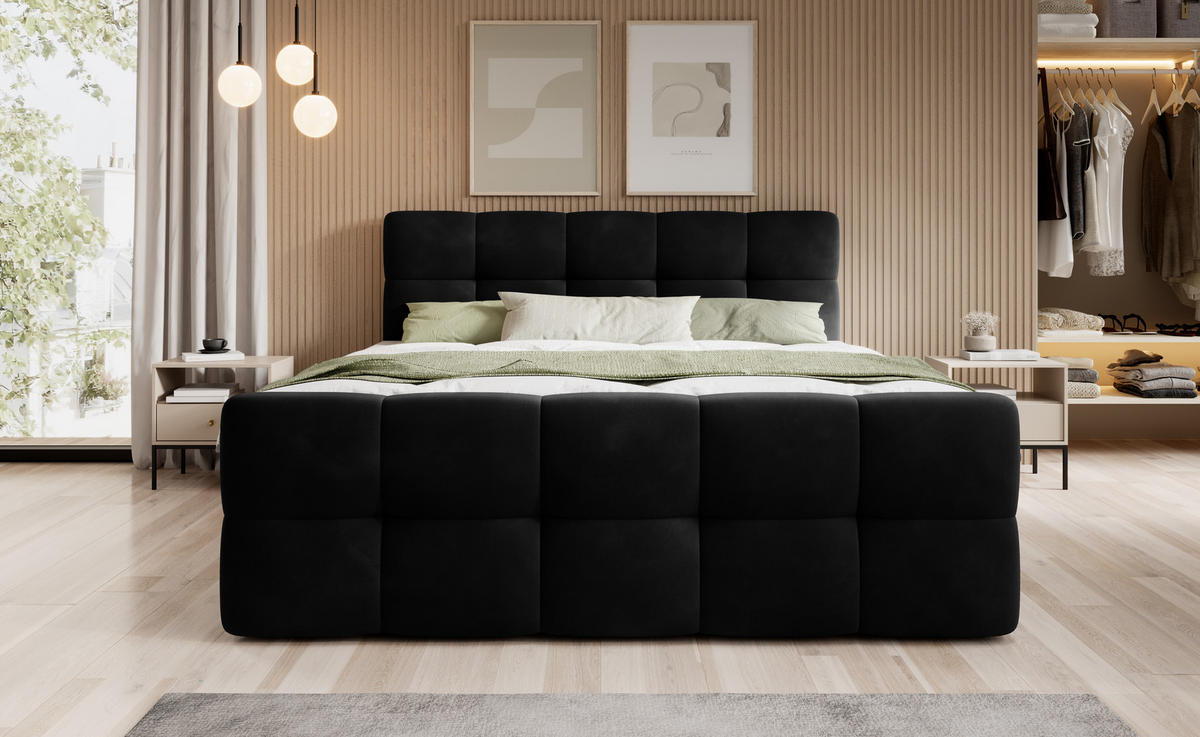 BOXBETT Modena 3 schwarz 200/200 cm mit Bettkasten - Schwarz, Textil (200/200cm) - wonello