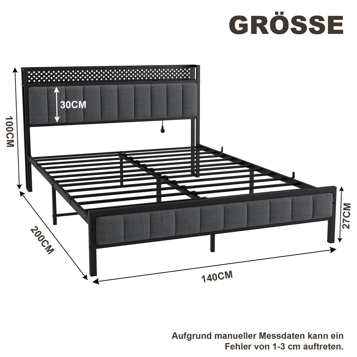 METALLBETT 140/200 cm in Schwarz mit gepolstertem Kopfteil, LED und USB - Schwarz, Holzwerkstoff/Textil (140/200cm) - CHICFURN