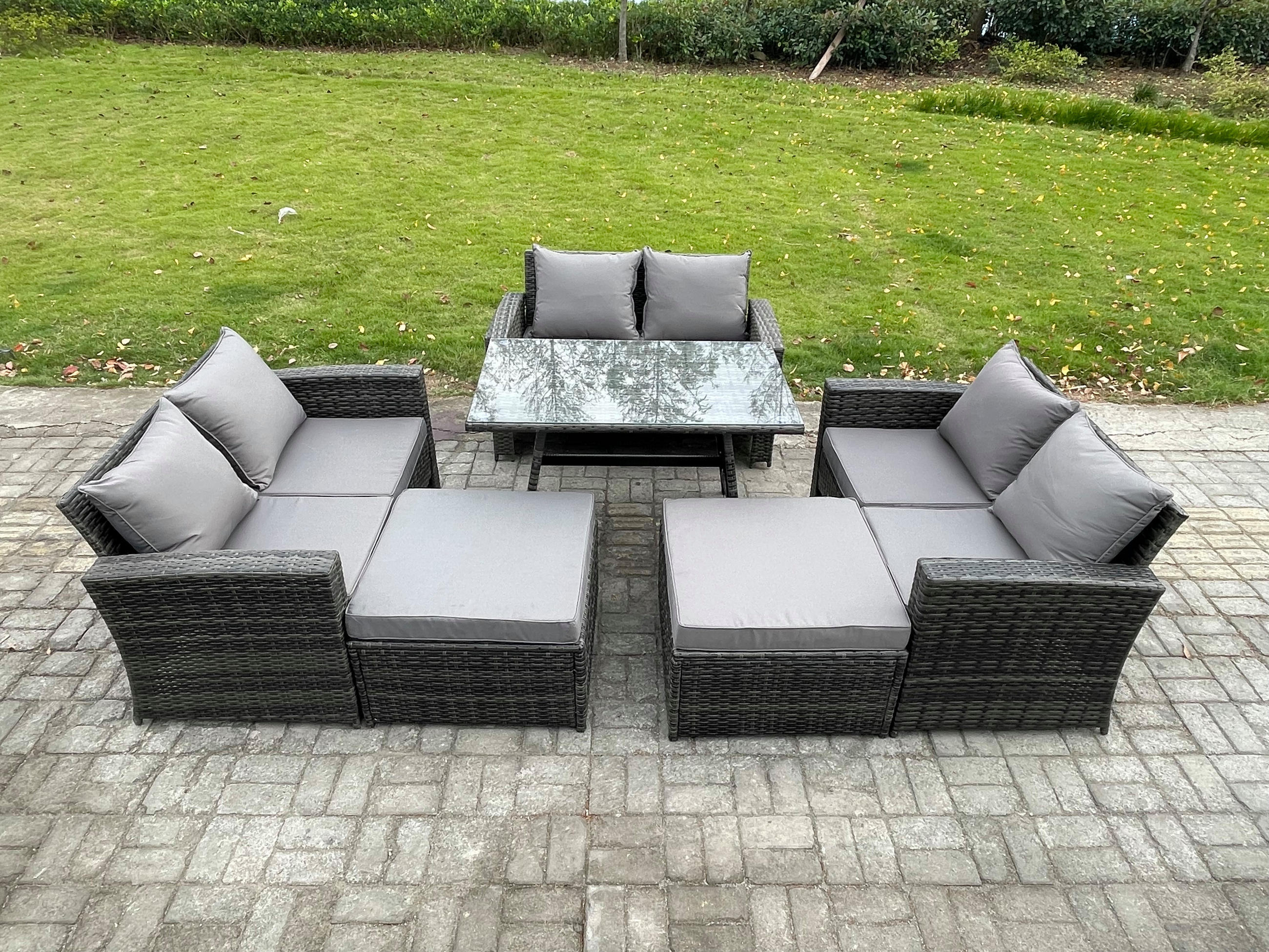 GARTENMÖBELSET mit ESSTISCH,HOCHLEHNER-SOFA Polyrattan Dunkelgrauer Mix 8-Sitzer - Dunkelgrau/Grau, Glas/Kunststoff - Fimous