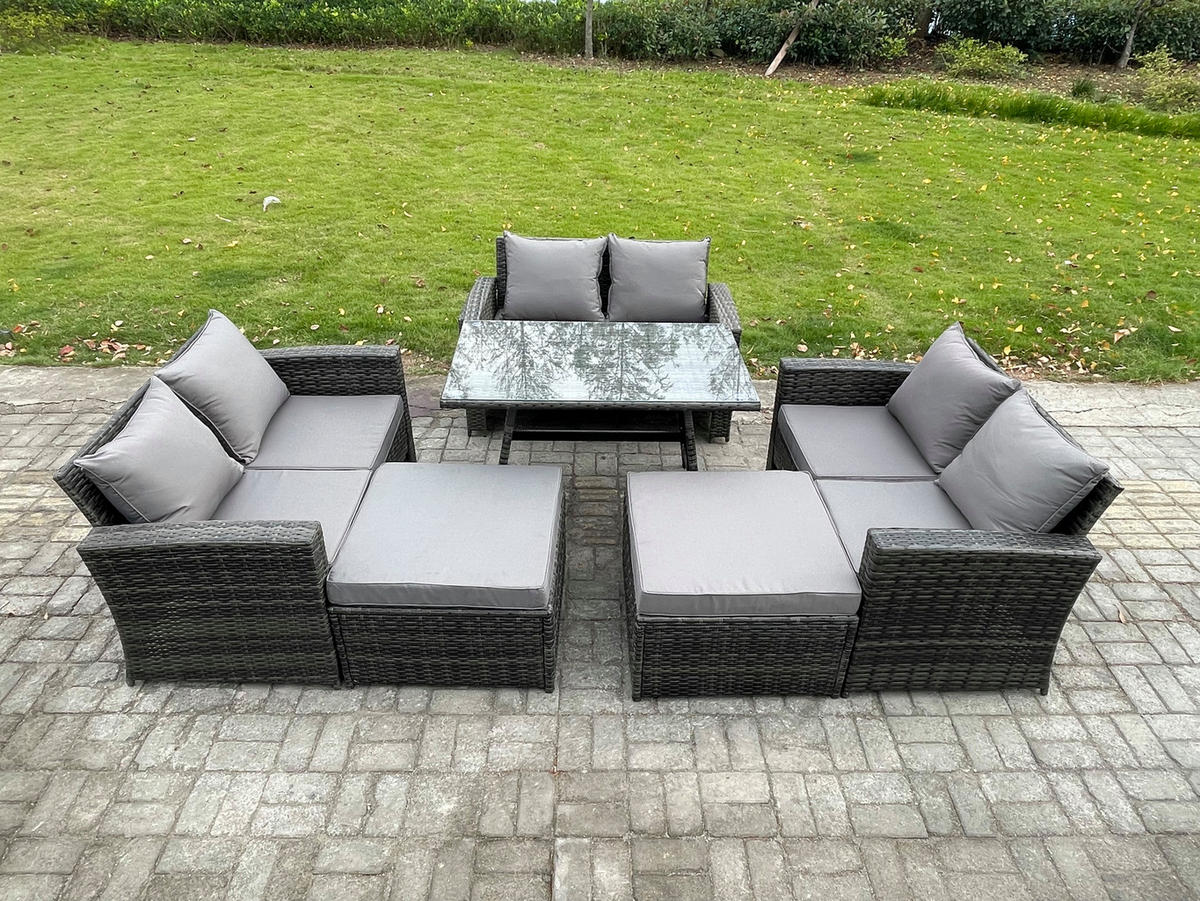 GARTENMÖBELSET mit ESSTISCH,HOCHLEHNER-SOFA Polyrattan Dunkelgrauer Mix 8-Sitzer - Dunkelgrau/Grau, Glas/Kunststoff - Fimous