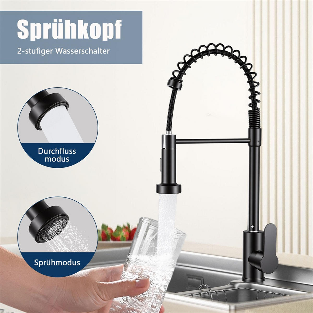 KÜCHENARMATUR Schwarz mit Herausziehbarer Geschirrbrause - Wasserhahn Küche mit 360° Drehbar Spülbecken Wasserhahn - Schwarz, Metall (17.5/46/4.5cm) - DELFA