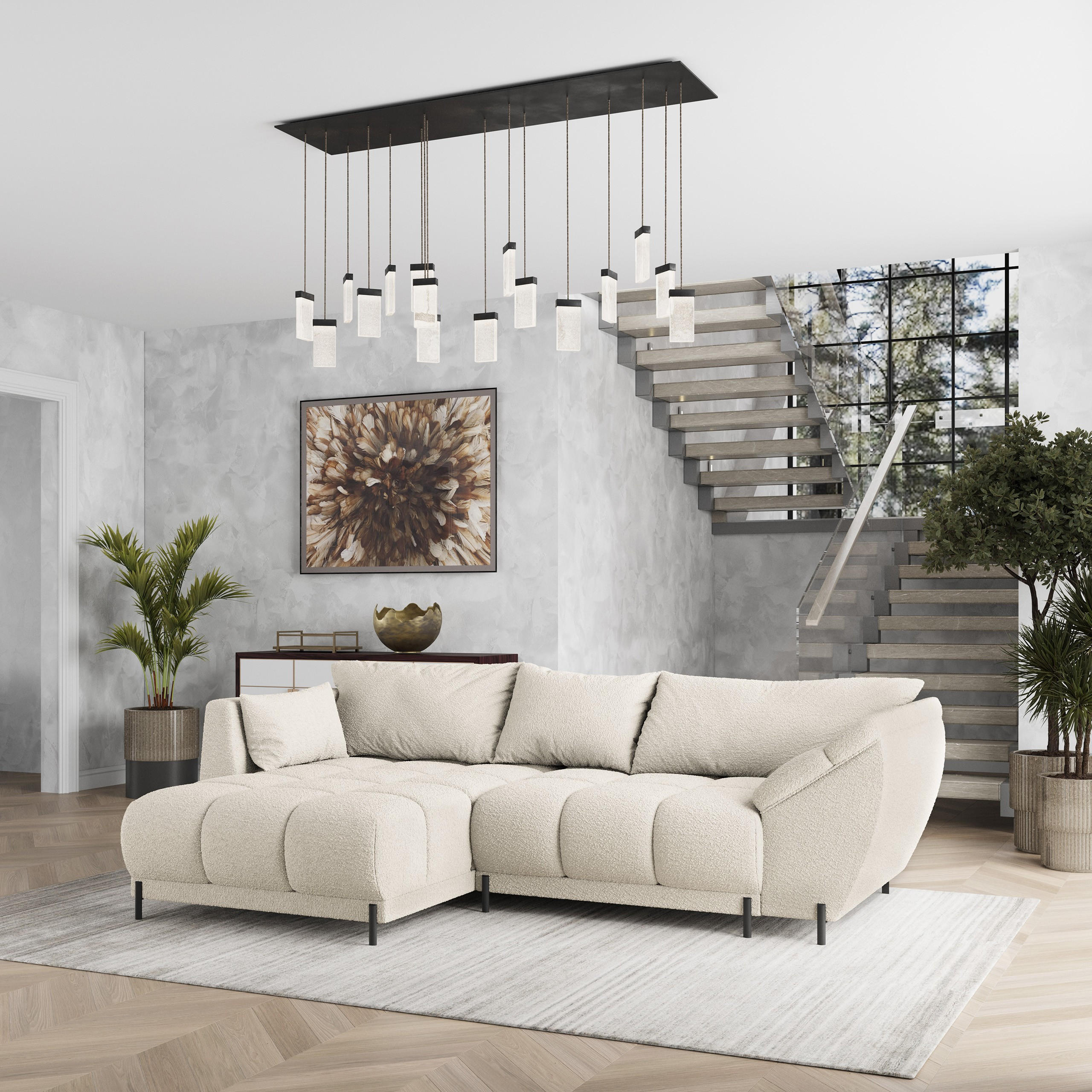ECKSOFA VESTANO L-S Creme Boucle-Stoff mit Schlaffunktion - Creme, Holz (287/182cm) - MASSENO