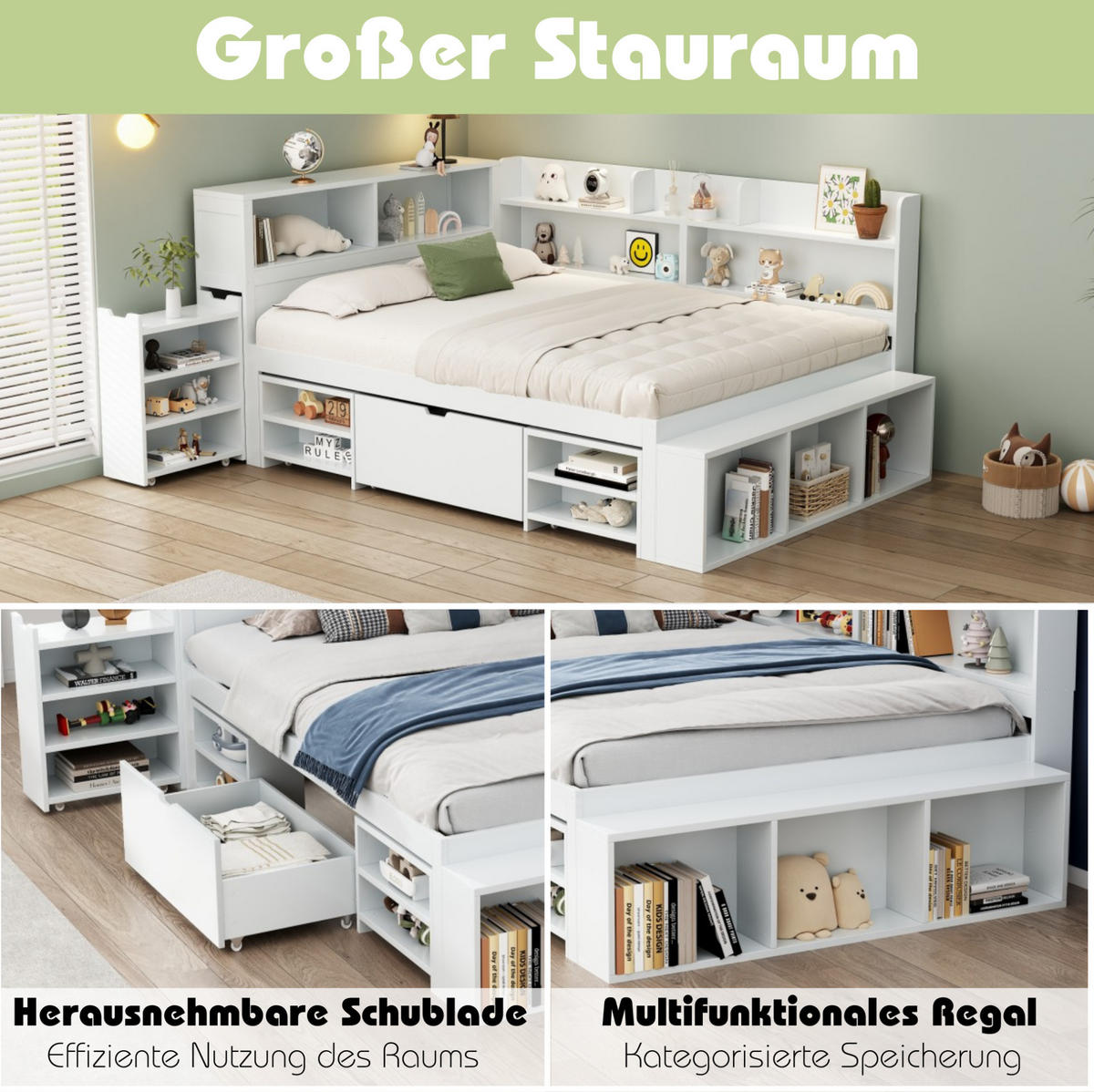 KINDERBETT 140/200 cm in Weiß mit Stauraum, Bücherregal und Lattenrost - Weiß, Holzwerkstoff (140/200cm) - BEAOK