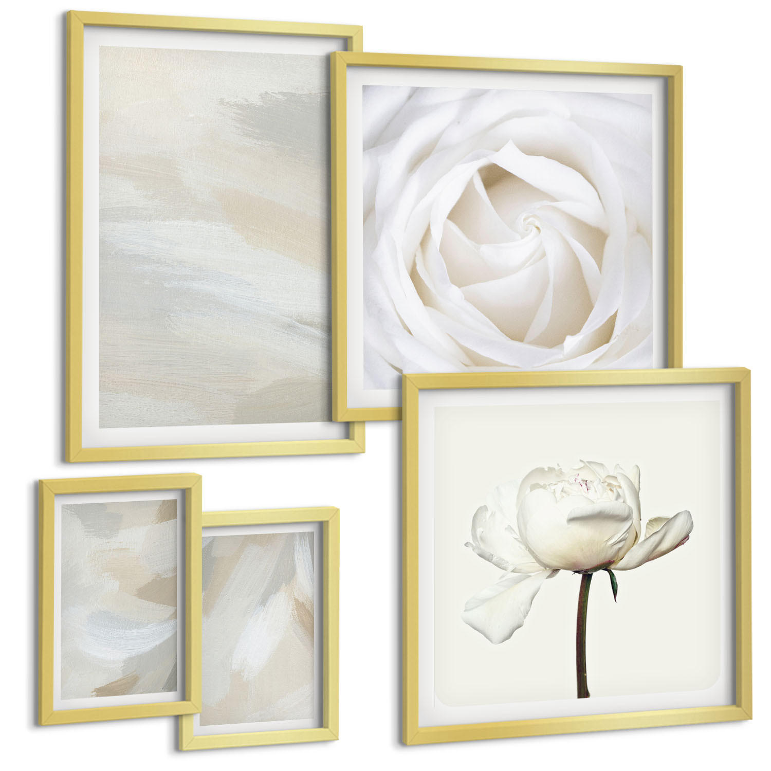 BILDER SET 5er Set - 50x50 cm & 20x30 cm & 40x60 cm Goldrahmen - Abstrakter Hintergrund mit feinen Strichen - Goldfarben, Kunststoff (40/60cm) - TULUP