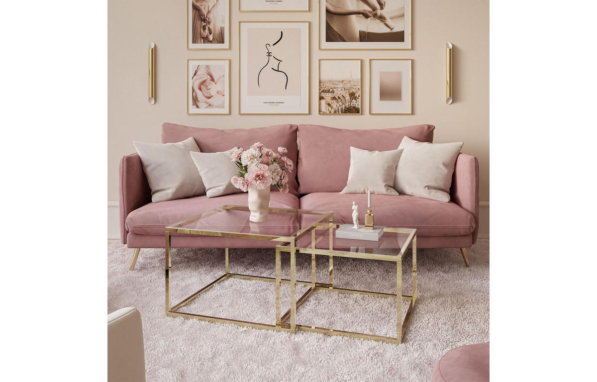 COUCHTISCH YOSHI 2in1 70/70/41 cm Gold chrom / Transparent Glas - Transparent, Glas/Metall (70/70/41cm) - Lookway