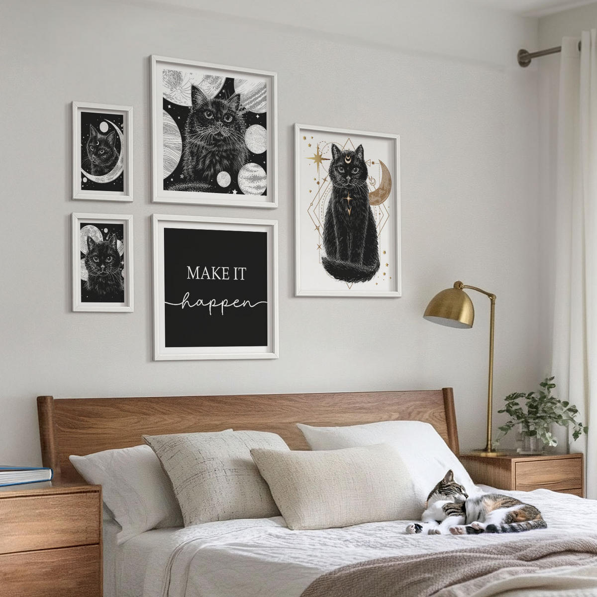 WANDBILDER 5er-Set - 50x50 cm & 20x30 cm & 40x60 cm Weißer Rahmen - Schwarze Katzen, Mond, Planet - Weiß, Kunststoff (40/60cm) - ArtPrintCave