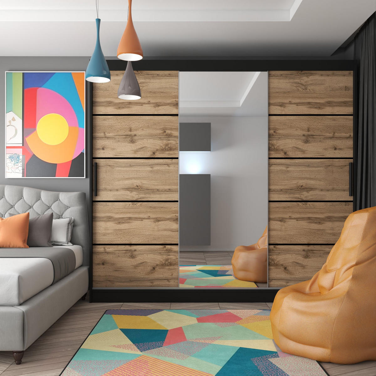 SCHWEBETÜRENSCHRANK Verona MBP, Schwarz/Goldbraun Matt, 232 cm, mit Spiegel - Braun, Holz (232/216/60cm) - B BELINI GROUP