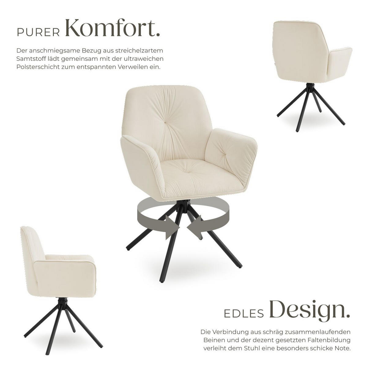 ARMLEHNSTUHL Drehbar Lenia,56,5 x 54 x 86 cm, Samtoptik creme/schwarz - Schwarz/Samtahornfarben, Kunststoff (56.5/86/54cm) - tectake
