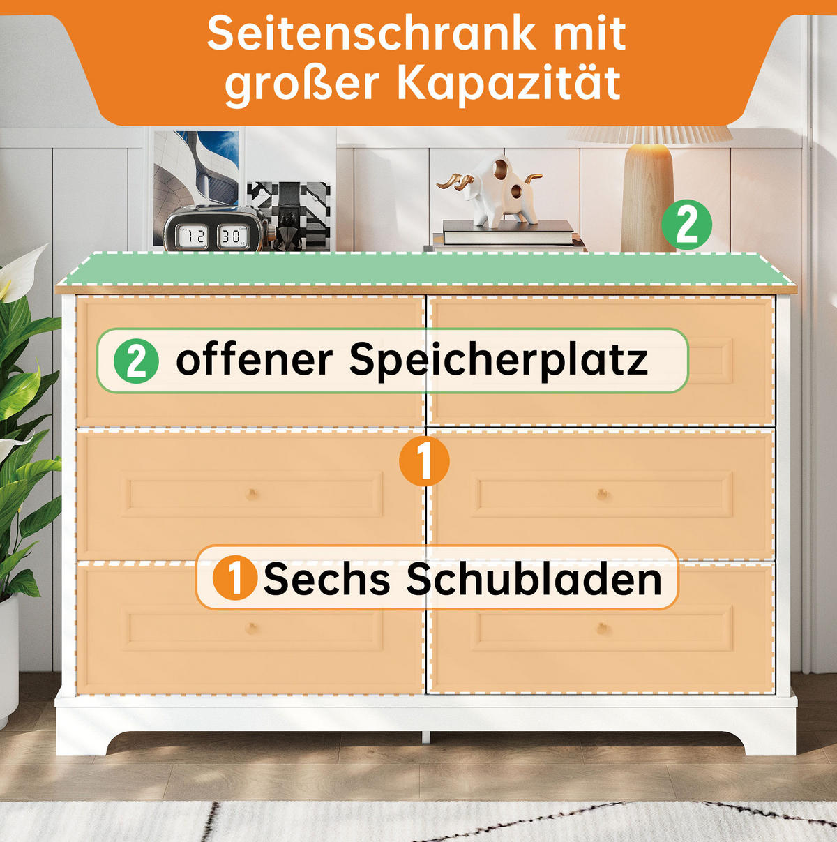 SIDEBOARD 120/40/76 cm mit 6 Schubladen, Ablagefläche und Landhausstil, Weiß/Natur - Weiß, Holzwerkstoff (120/76/40cm) - Redom