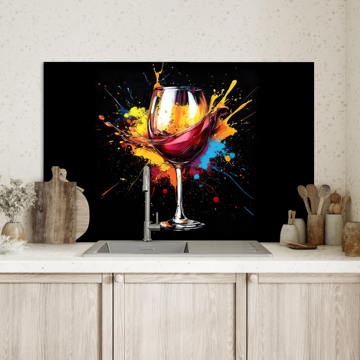 SPRITZSCHUTZ KÜCHE Wein - Glas - Graffiti - Getränk - Rot - Farbe 80x55 cm - Weinrot, Metall (80/0.3/55cm) - MuchoWow