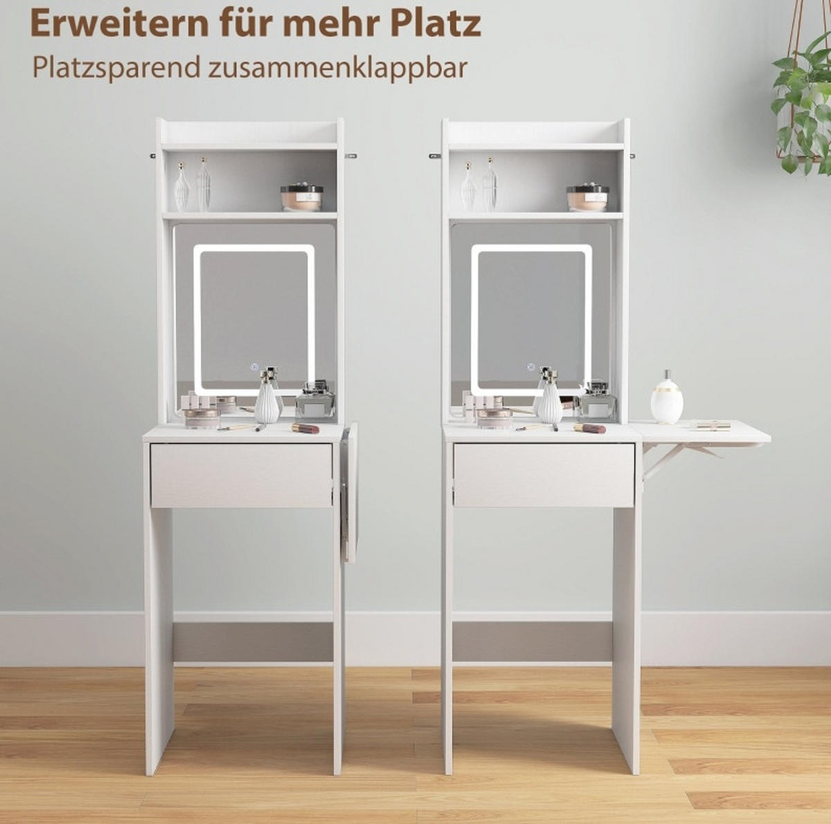 SCHMINKTISCH 45/45/152 cm mit LED-Spiegel, klappbarer Ablage und Schublade aus MDF/Spanplatte, Weiß - Weiß, Holz (45/152/45cm) - Redom