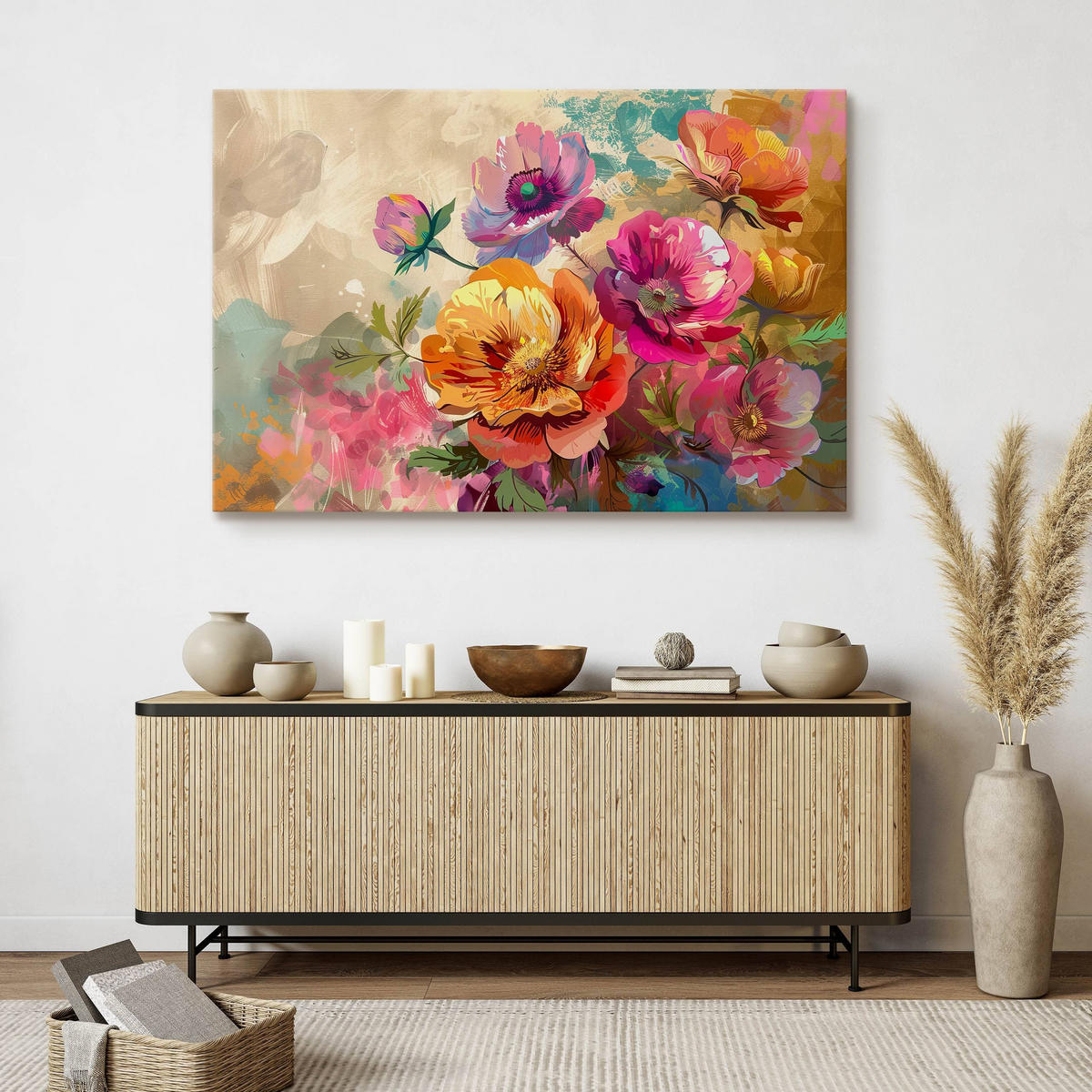 LEINWANDBILD für Wohnzimmer bunte Blumen Blätter Natur 120cm x 80cm - Blau/Beige, Textil (120/80cm) - Muralo