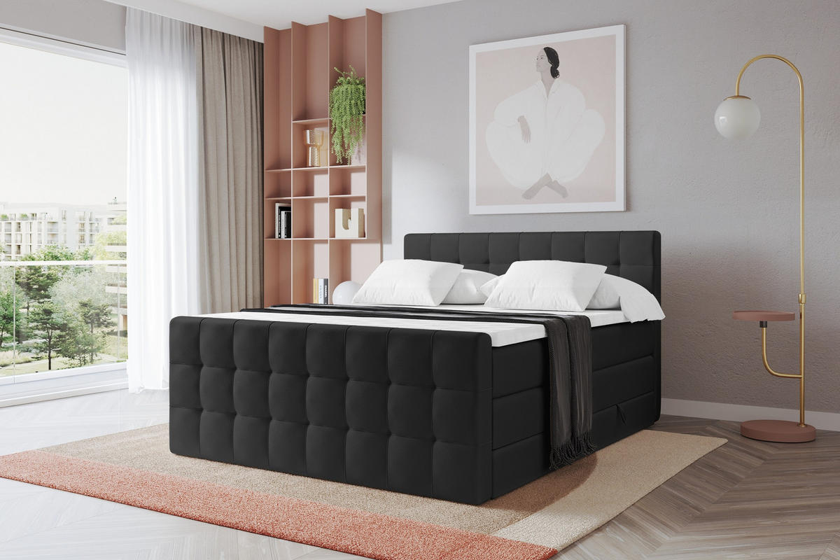 BOXSPRINGOVÁ POSTEL s matrací H3/H4 - IGAN-Z KING - 120x200 cm Černá - vysoce lesklá černá, kompozitní dřevo (123/200cm) - ALTDECOR
