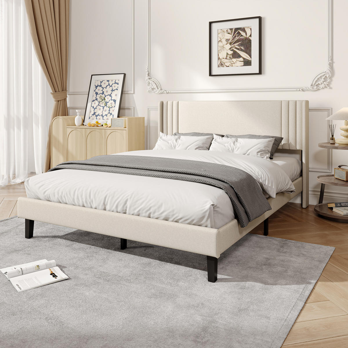 POLSTERBETT 140x200 cm Kopfteil Lattenrost Stoff beige modern - Beige, Holz (140/200cm) - LEBENLANG