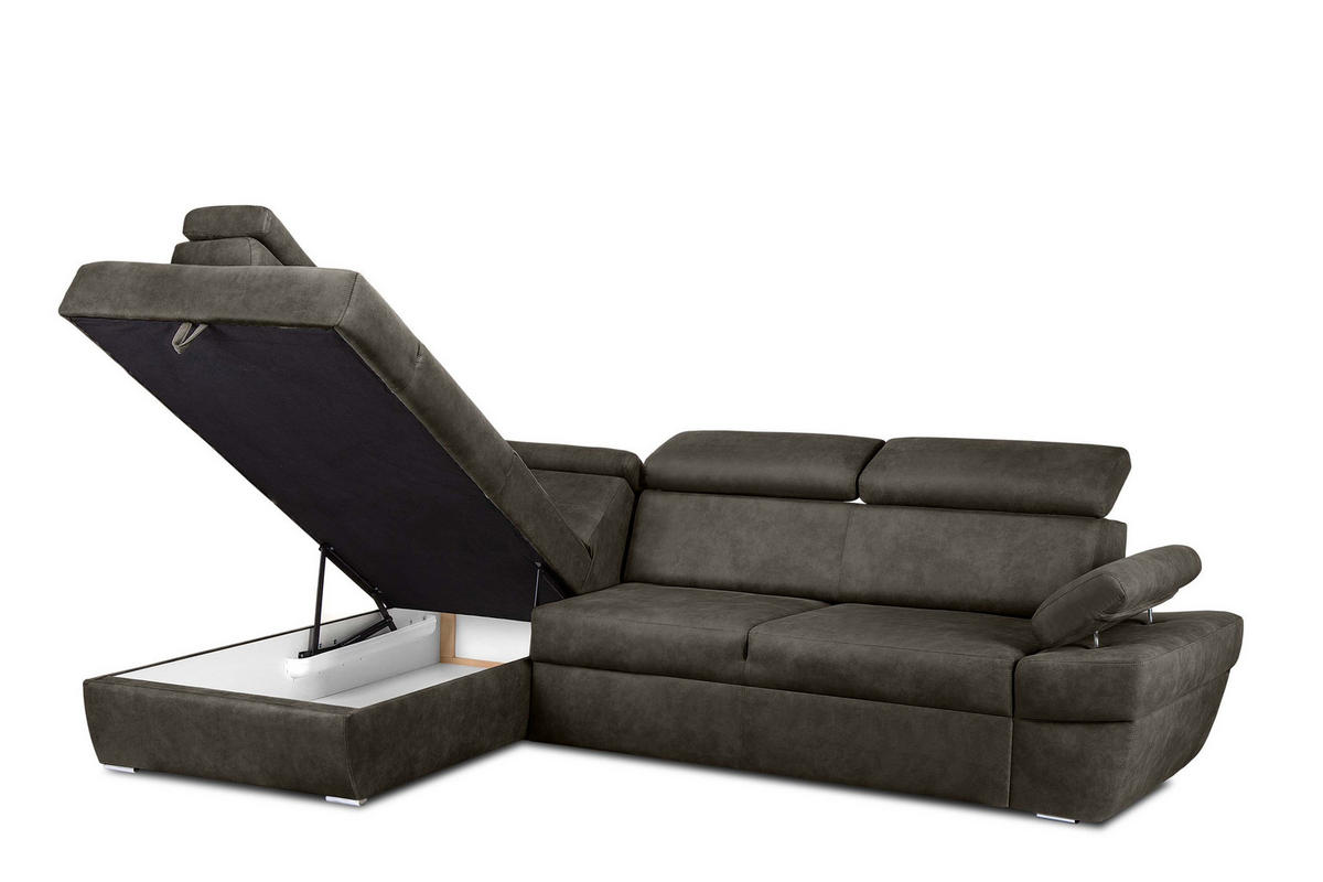 SCHLAFECKSOFA RATLO links 4/5-Sitzer mit Bettkasten in Lederoptik, grau - Silberfarben/Grau, Textil (270/190cm) - KONSIMO®