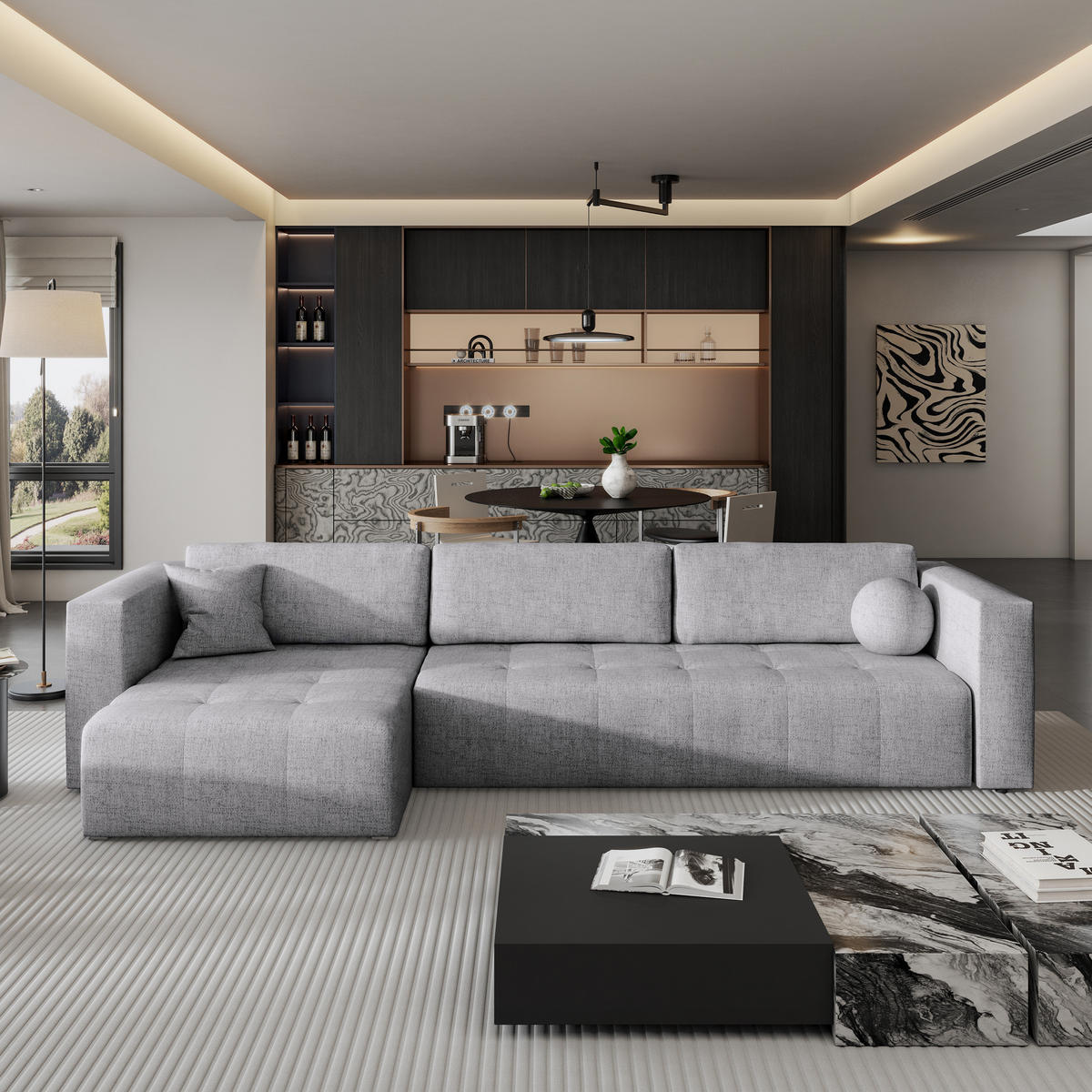 ECKSOFA OLVERA Hellgrau Geflochtener Stoff mit Schlaffunktion - Hellgrau, Holz (347/148cm) - MASSENO