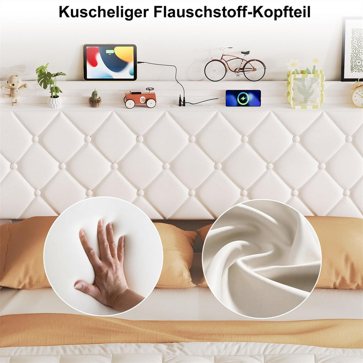 POLSTERBETT 140x200 cm mit hydraulischem Stauraum - Kopfteil Regal & LED - USB - ohne Matratze - Beige - Beige, Textil (140/200cm) - DELFA