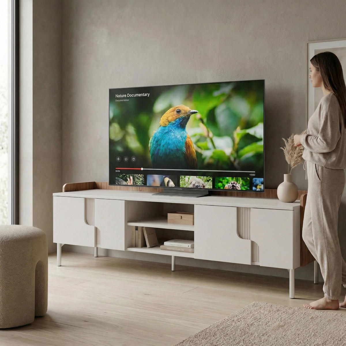 LOWBOARD Positivo mit 4 Türen, 160 cm, Mavelie-Eiche + Macadamia - Eichefarben, Holzwerkstoff (160/51/42cm) - Beautysofa