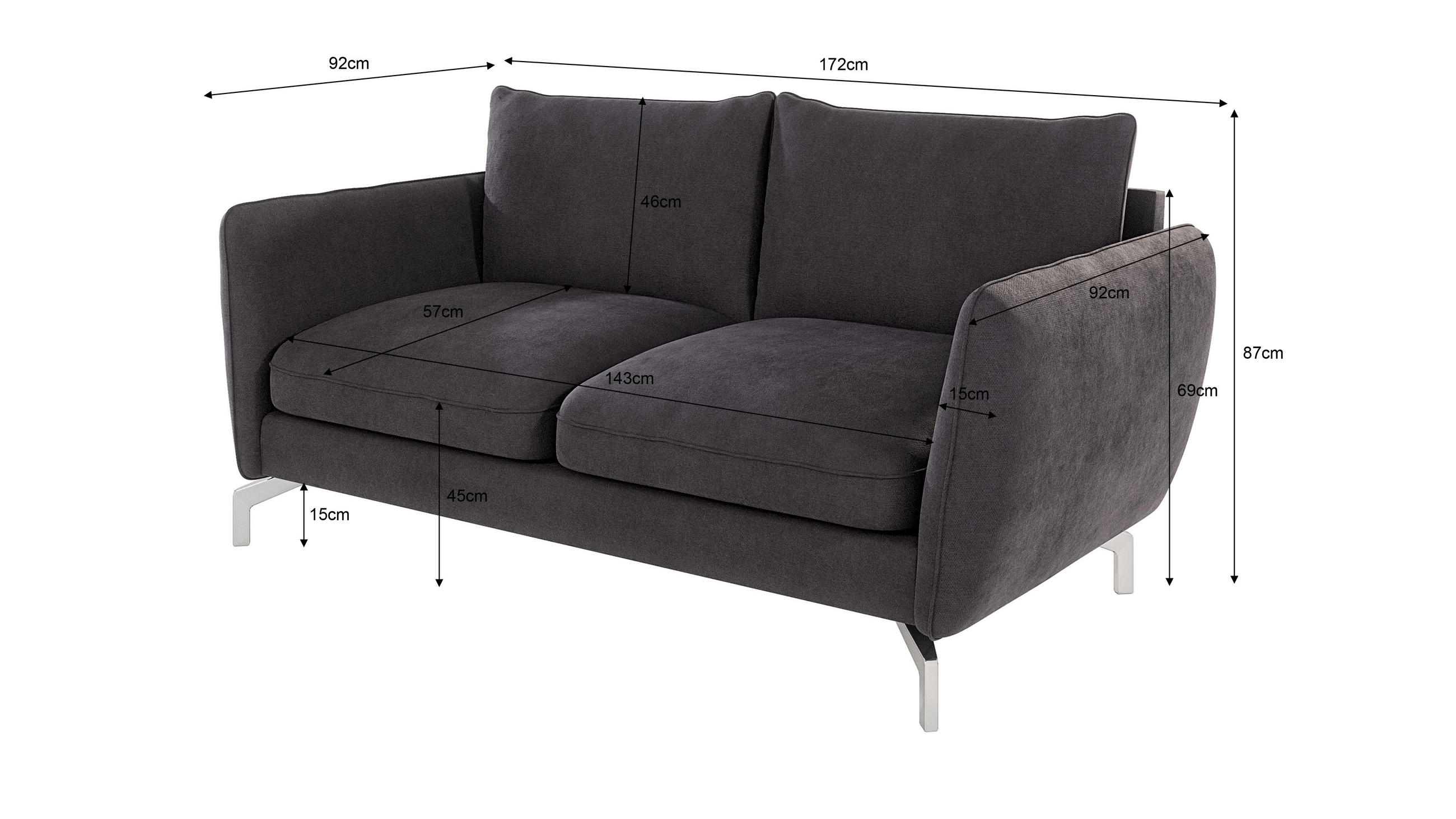 Thumbnail - S-Style Möbel 2-Sitzer-Sofa, Graphit, Textil, Echtholz,Buche, Birke, Füllung: Silikon,Schaumstoff, 172x87x92 cm, Blauer ...
