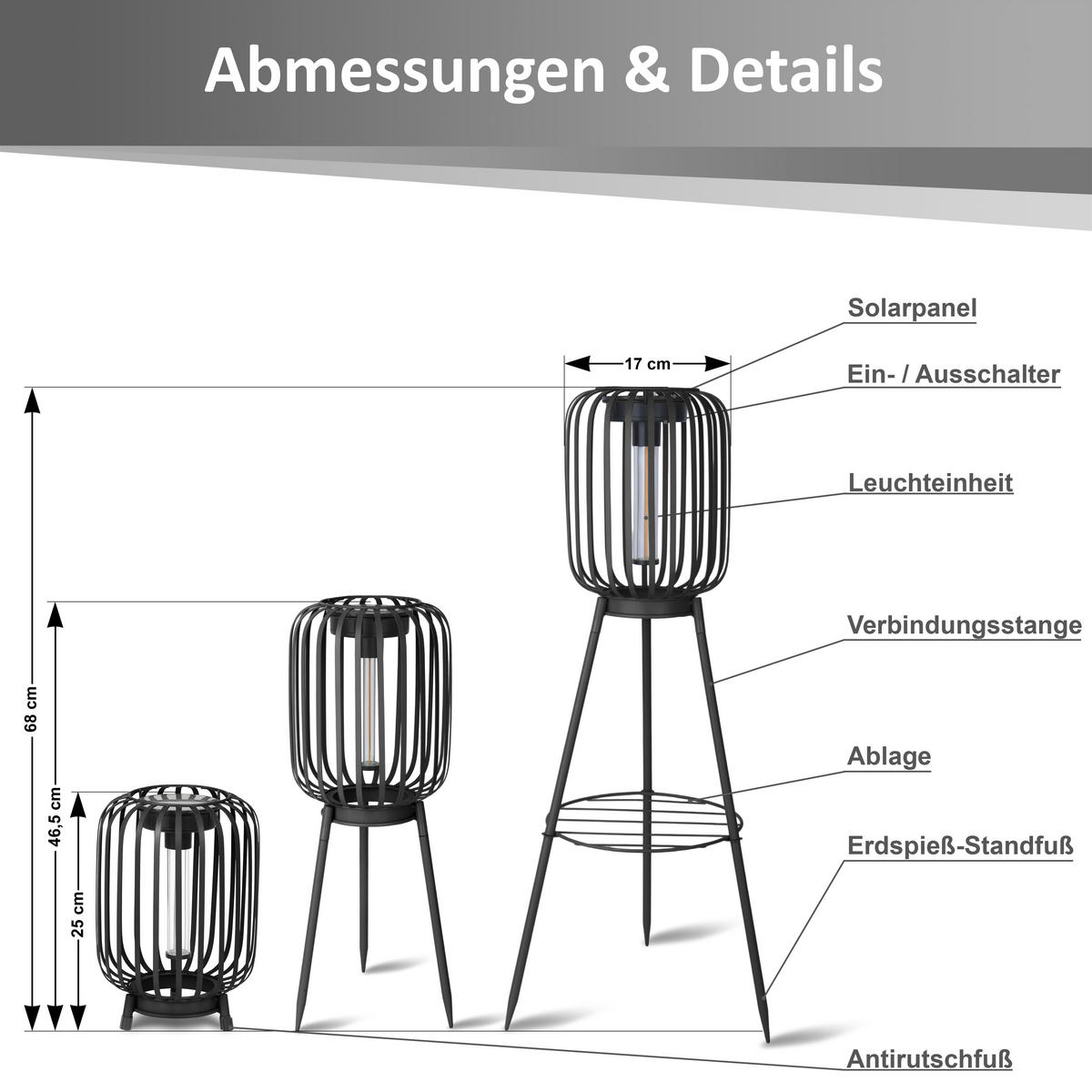 SOLAR-STEHLEUCHTE 3in1 mit COB-LED Solarpanel ELBLIGHT 17x17x68cm Metall Höhenverstellbar schwarz - Schwarz, Metall (17/17/68cm) - Northpoint