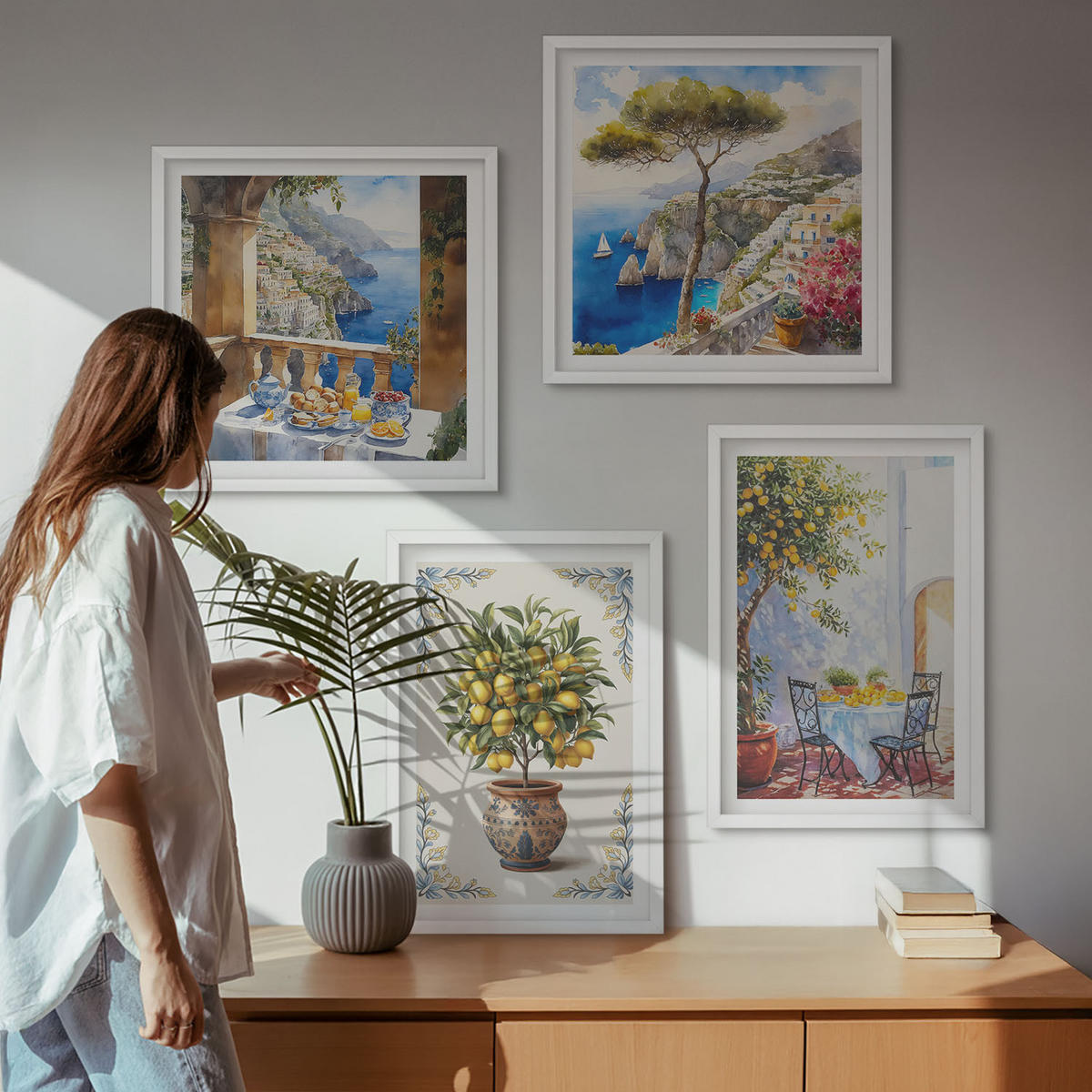 WANDBILDER 4er-Set - 50x50 cm & 40x60 cm Weißer Rahmen - Tisch aus Zitronenbaum - Weiß, Kunststoff (50/50cm) - ArtPrintCave