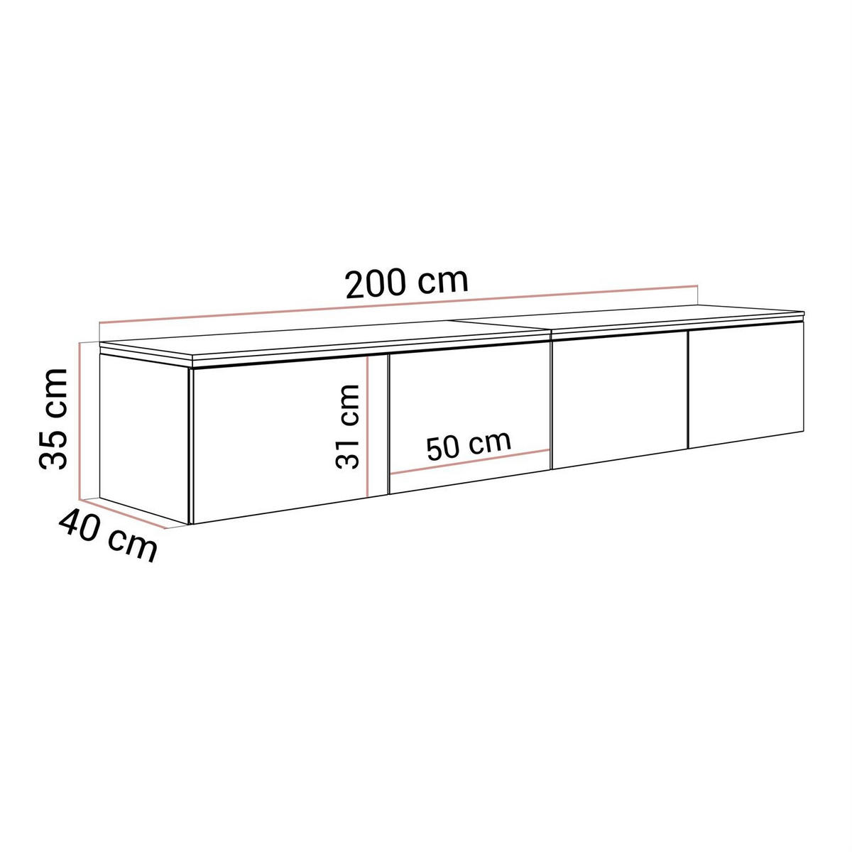 TV-RACK CELINE GLOSS SILVER 200 cm mit LED-Beleuchtung (hängend) - Weiß, Holzwerkstoff (200/48/40cm) - Lookway