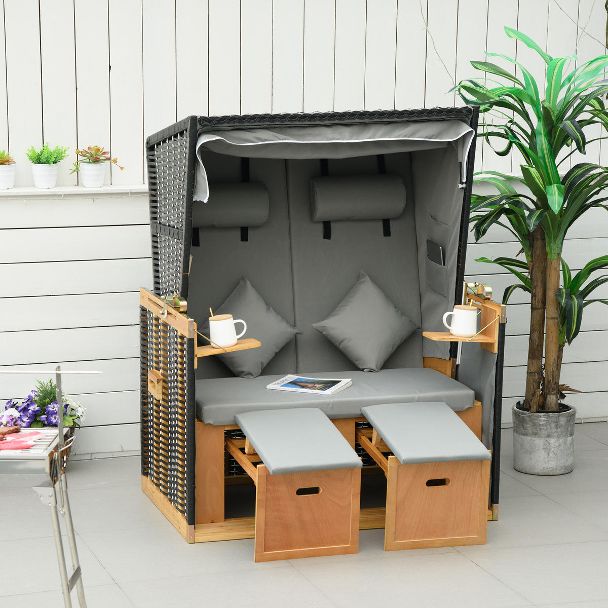 STRANDKORB DE-06685 5-stufig verstellbar, mit Fußstützen Hellgrau - Hellgrau, Holz/Kunststoff (118/160/79cm) - ComfortXL