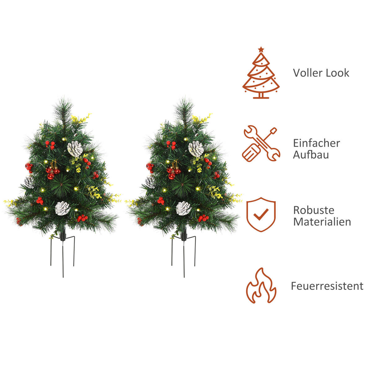 2-ER Set Weihnachtsbäume Mini Künstlicher Christbaum mit rote Beere LED IP44 - Grün, Kunststoff (75cm) - HOMCOM