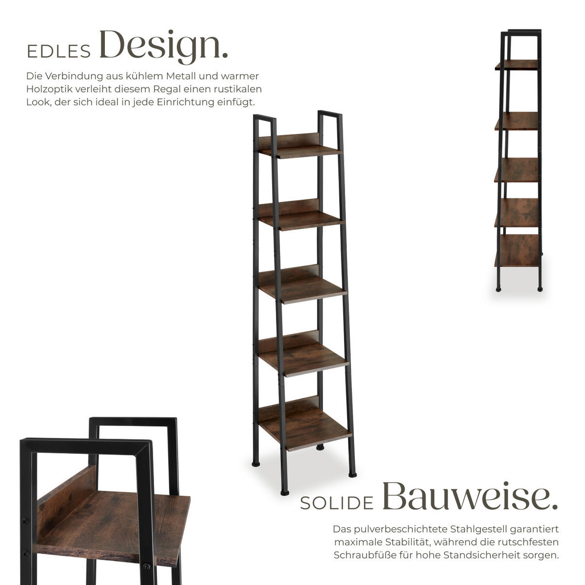 LEITERREGAL Folkestone,inklusive Kippschutz, 35,5 x 31,5 x 170,5 cm,Industrial Holz dunkel, rustikal - Rostfarben, Holzwerkstoff (31.5/170.5/35.5cm) - tectake