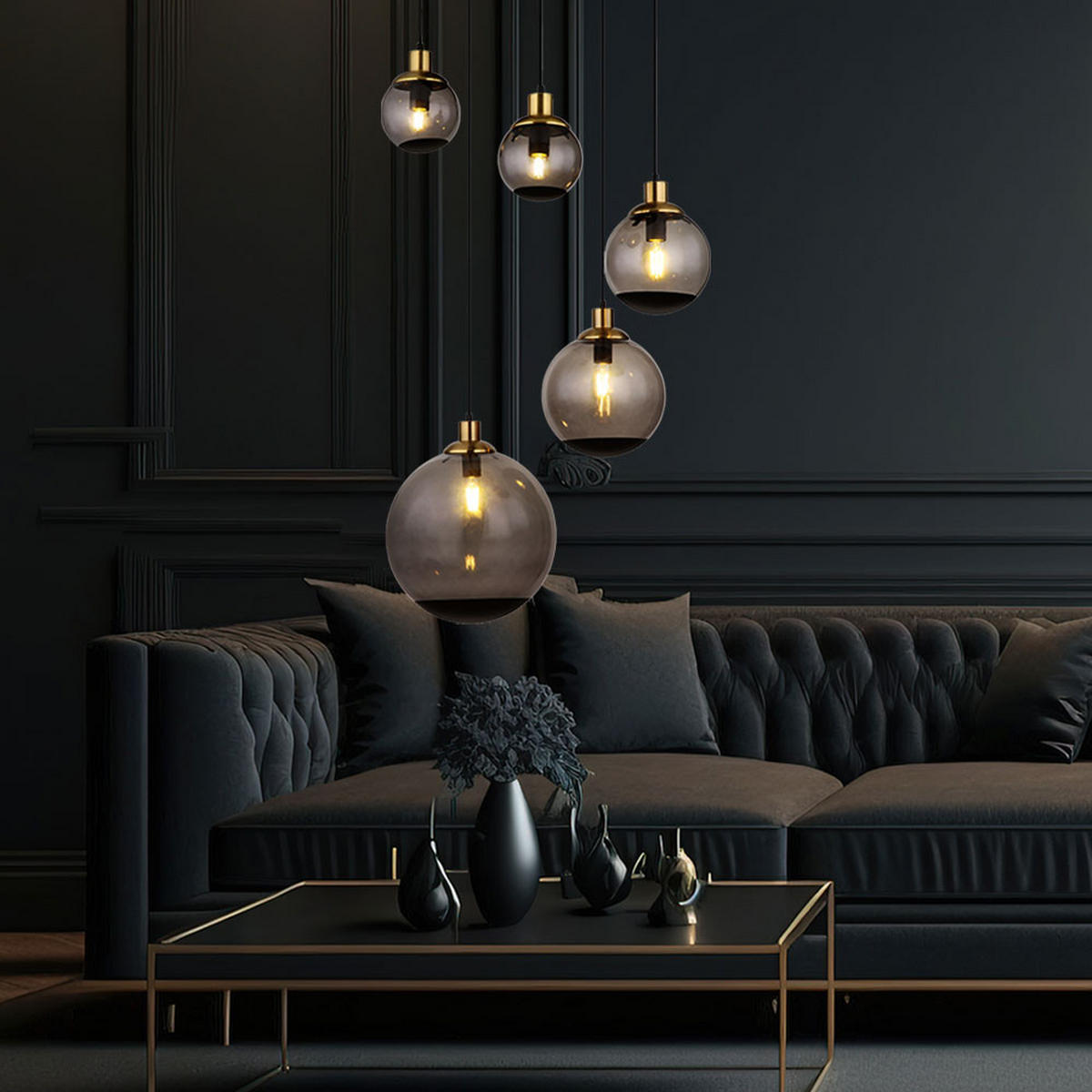 HÄNGELEUCHTE Metall Schwarz 5-Flammig - Schwarz, Glas (65/65/150cm) - Globo Lighting