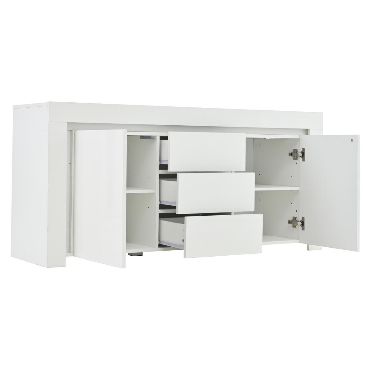 SIDEBOARD aus MDF 140x40x65 cm Weiß mit LED-Beleuchtung, 2 Türen, 3 Schubladen und Hochglanzfront - Weiß, Holzwerkstoff (140/65/40cm) - Modfu