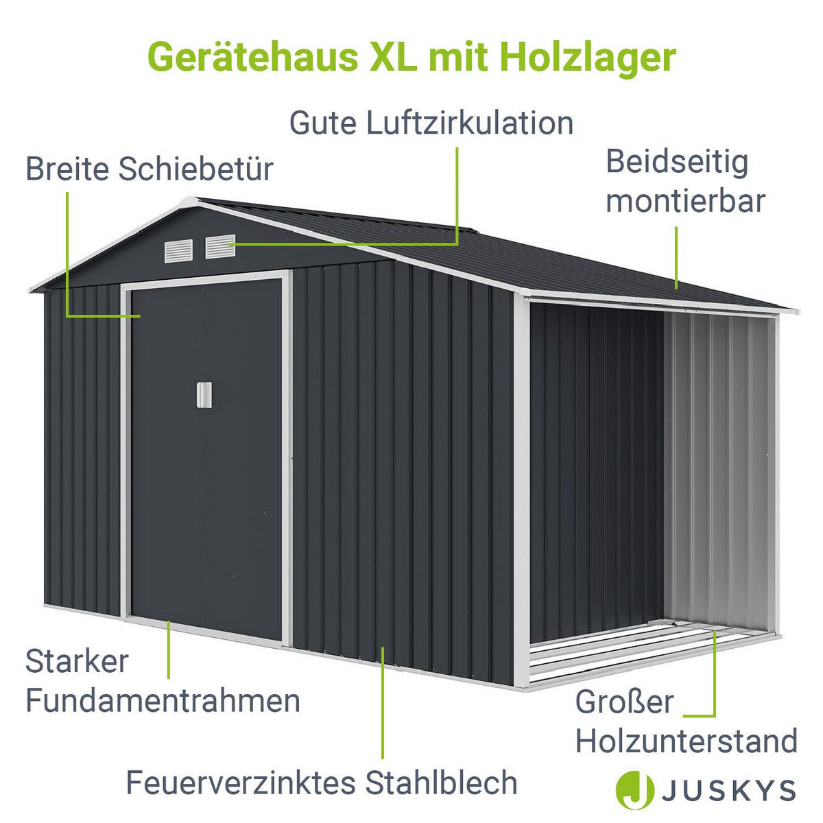 GERÄTESCHUPPEN XL mit Holzunterstand - Anthrazit, Metall (277/192/191cm) - Juskys