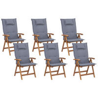 GARTENSTUHL 6er-Set Akazienholz hellbraun Auflagen blau Java - Hellbraun/Blau, Holz (54/105/69cm) - Beliani