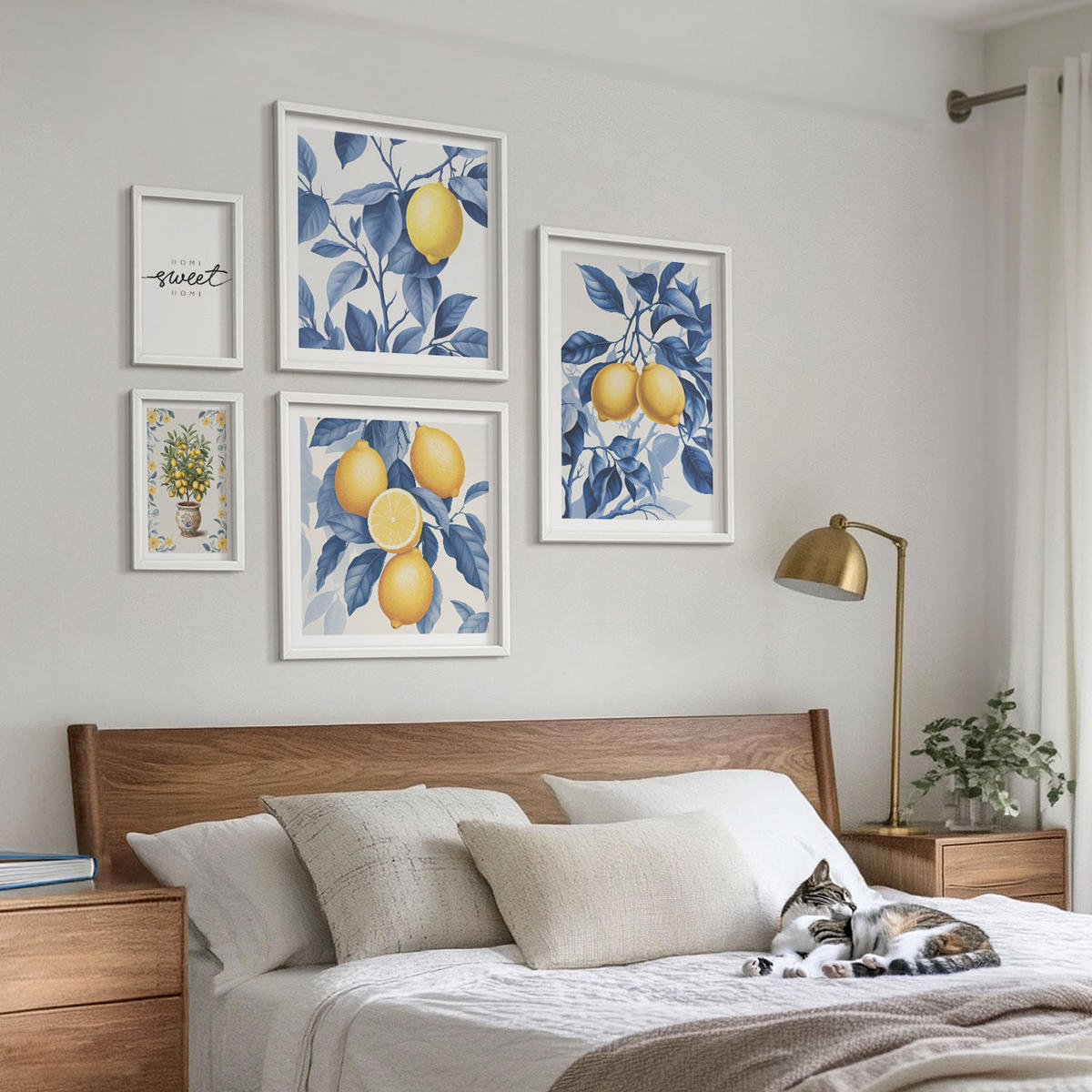 WANDBILDER 5er-Set - 50x50 cm & 20x30 cm & 40x60 cm Weißer Rahmen - Zitronenzweige mit blauen Blättern - Weiß, Kunststoff (40/60cm) - ArtPrintCave