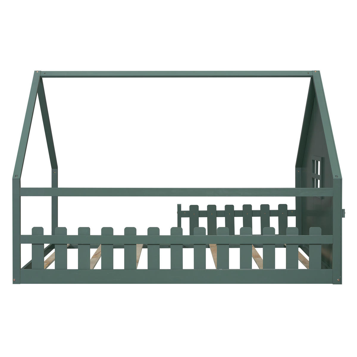FLACHBETT 140x200cm Grün Kiefer Kinderbett Hausleiste Geländer - Grün, Holz (140/200cm) - FLIEKS