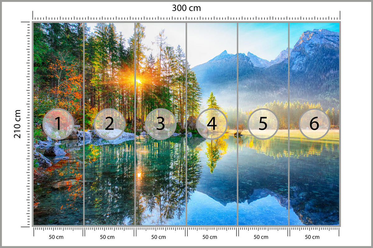 FOTOTAPETE für Schlafzimmer See Berge Bäume Sonnenuntergang Natur 300x210 - Gelb/Rot, Papier (300/210cm) - Muralo
