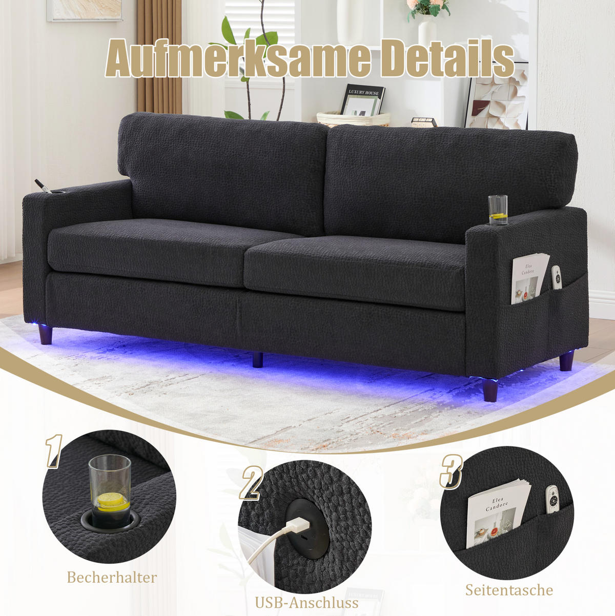 ZWEISITZER Sofa Chenille mit USB-Anschluss LED-Licht und Getränkehaltern 203/77,5/86 cm Dunkelgrau - Dunkelgrau, Textil (77.5/86/203cm) - Redom
