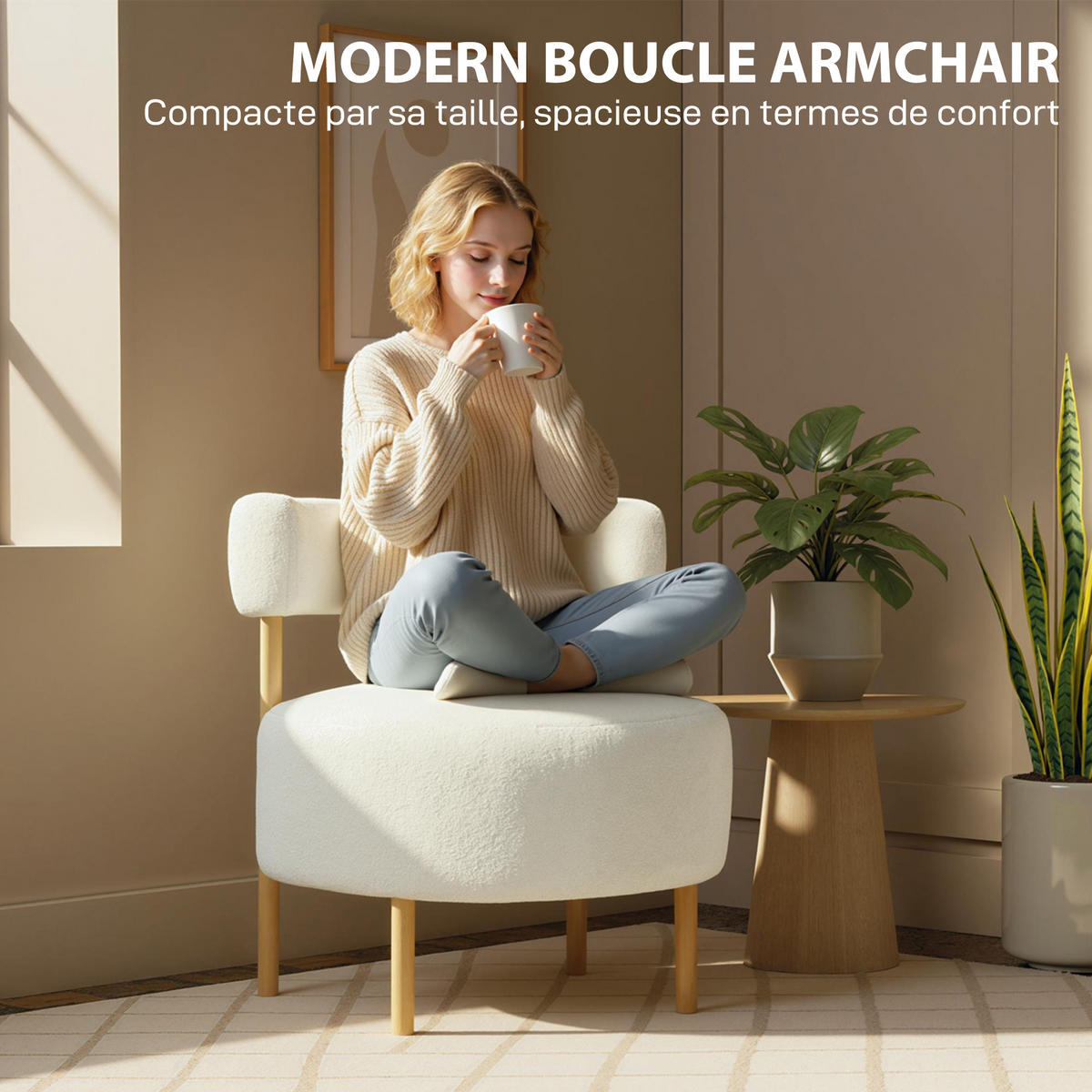 SESSEL DE-13469 1-Sitzer mit Bouclé-Stoff, gebogene Rückenlehne Creme - Creme, Textil (67/71/67cm) - ComfortXL