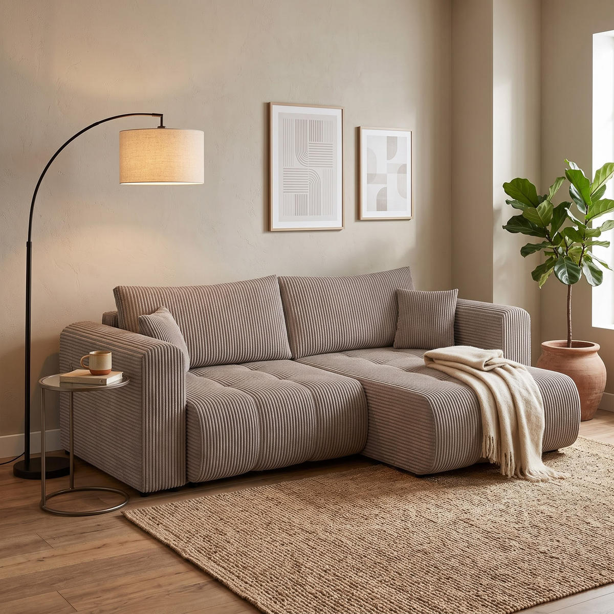 ECKSOFA RIVA Rechts Vanille Cord-Stoff L-Form Couch mit Schlaffunktion & Bettkasten - Schwarz/Weiß, Holz (160/255cm) - Barchello