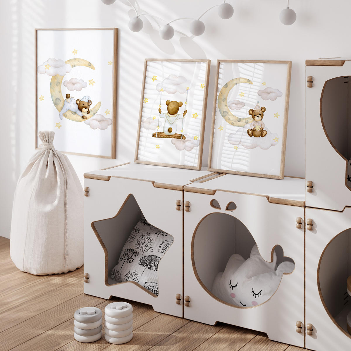 SADA PLAGÁTOV Do Detskej Izby Mackovia Mesiace Oblaky Hviezdy 3x Plagát A3 30 x 42 cm - hnedá/žltá, papier (30/42/1cm) - Muralo
