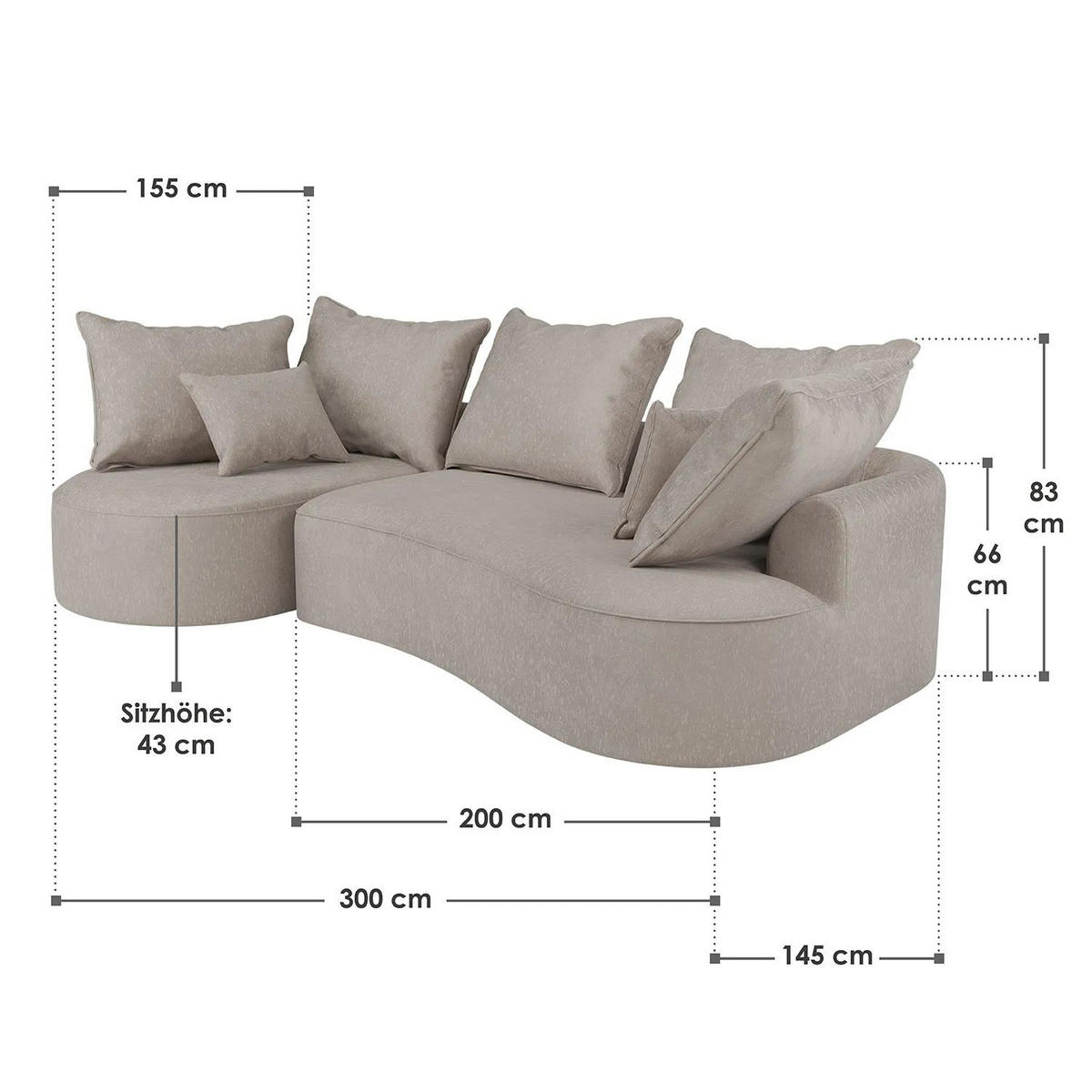 SOFA Tirano Samt Beige mit Ottomane links - Beige, Textil (102/300cm) - Juskys