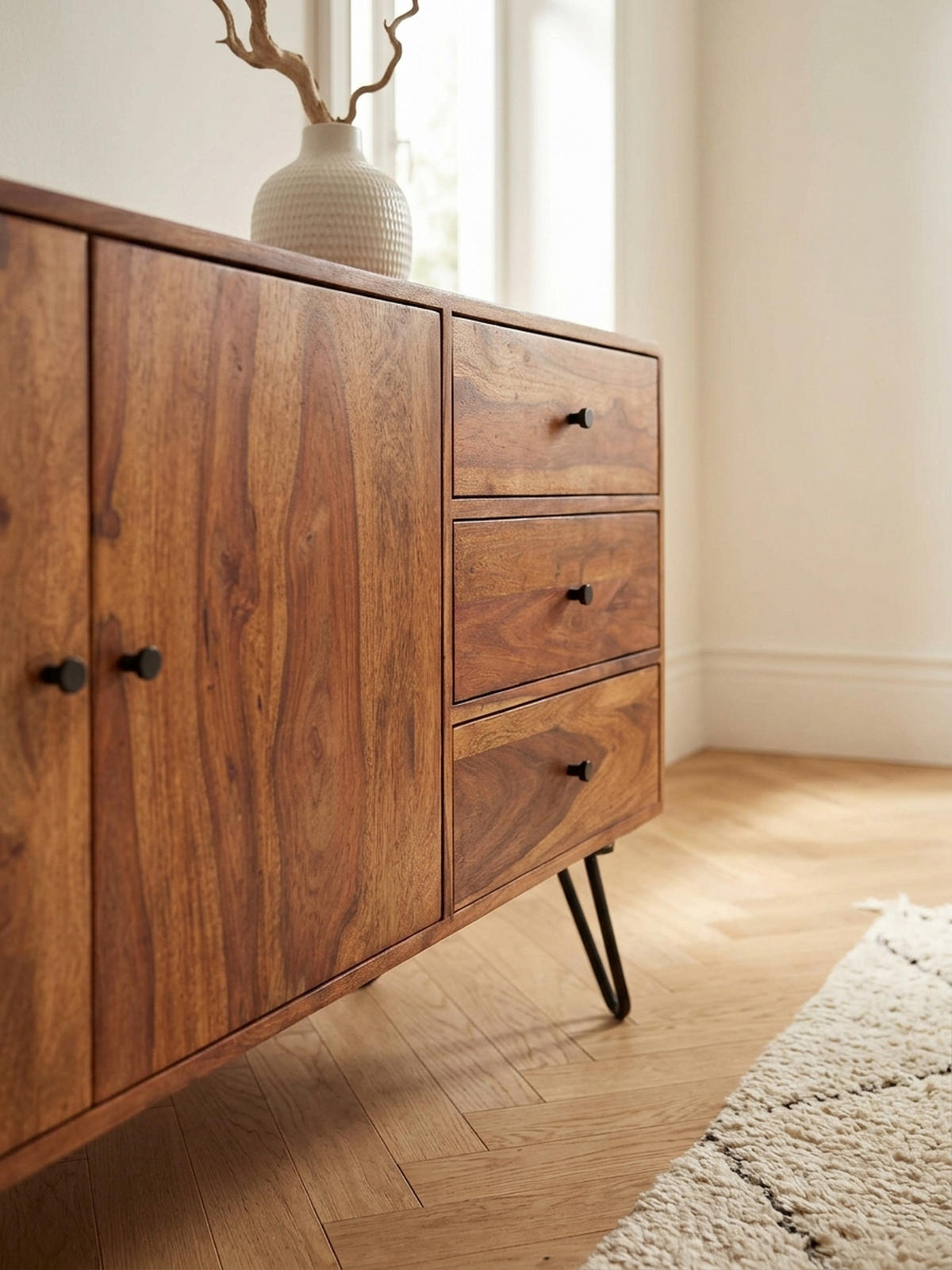 SIDEBOARD – Massivholz, 145x75x40 cm, 3 Schubladen, 2 Türen, Landhausstil, Haarnadelbeine - Schwarz/Braun, Holz/Metall (145/75/40cm) - KADIMA DESIGN