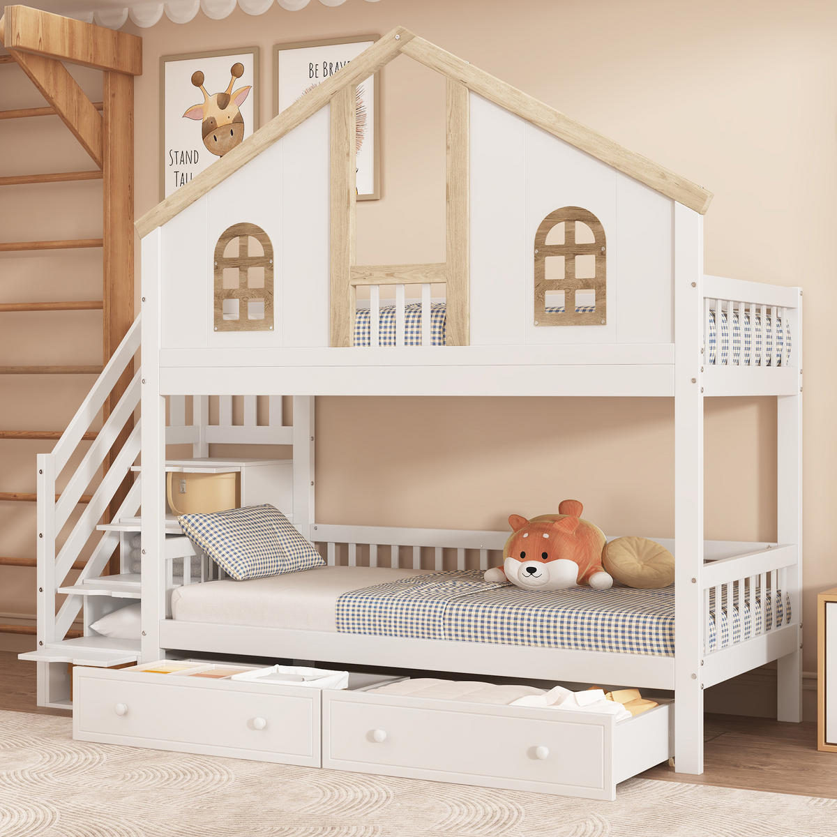 ETAGENBETT 90/200 cm Hausbett mit Stauraumtreppe, DE-41749, in Weiß - Weiß, Holzwerkstoff (90/200cm) - ComfortXL