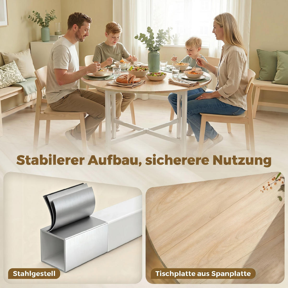 KLAPPBARER-ESSTISCH Spanplatte-Stahl Naturholz - Weiß/Naturfarben, Holzwerkstoff/Metall (80/80/76cm) - HOMCOM