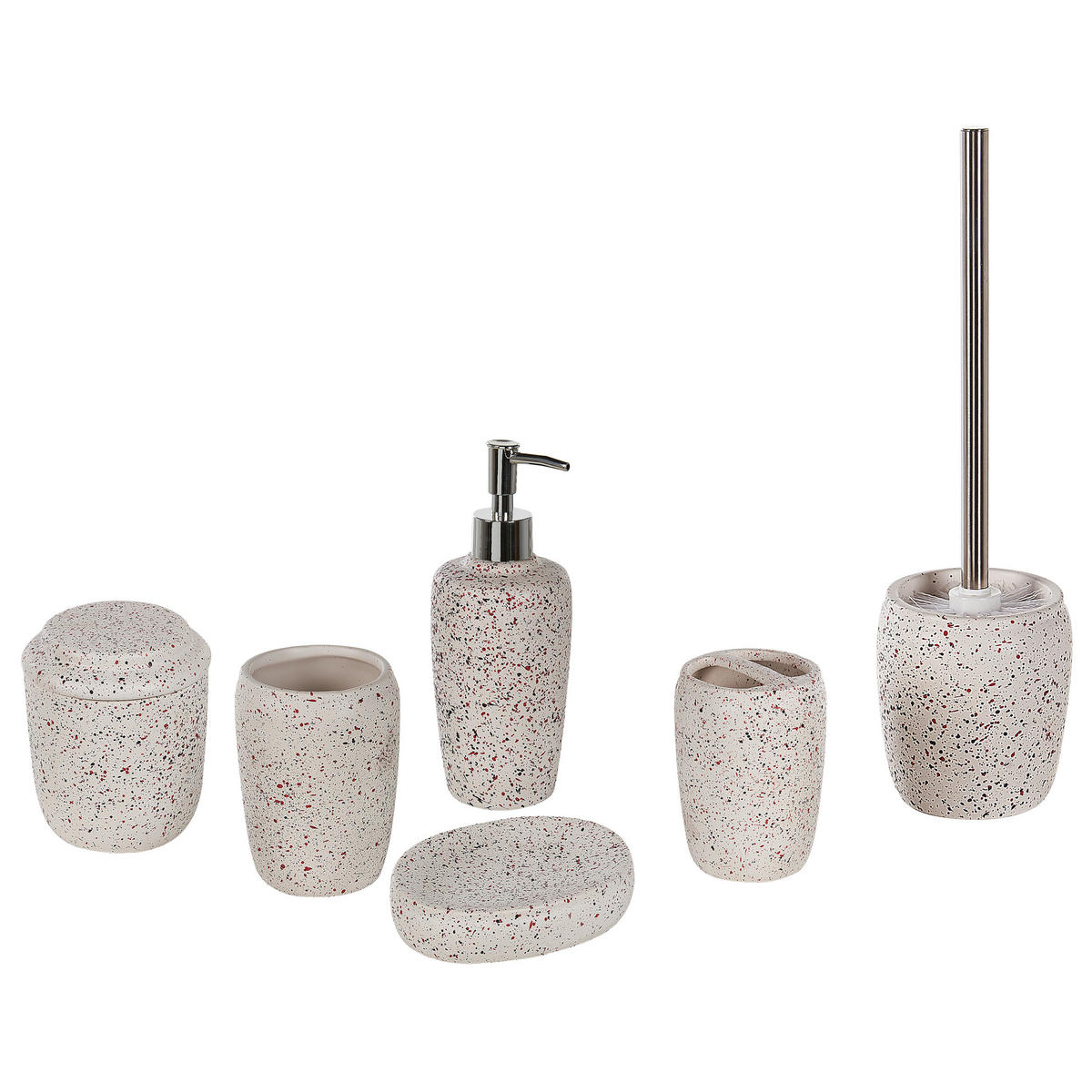 BADEZIMMER Set 6-teilig Keramik weiß Terrazzo Optik Palmilla - Rot/Schwarz, Stein (13/20/11cm) - Beliani