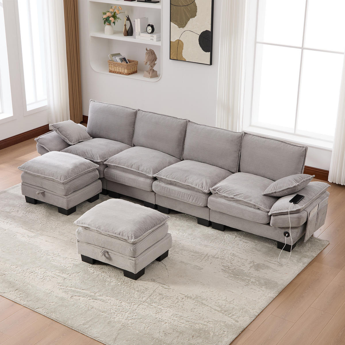 WOHNLANDSCHAFT Cord Hellgrau mit 2 Hocker, USB-C und Seitentaschen - Hellgrau, Holzwerkstoff/Kunststoff (330/84/132cm) - WISHDOR
