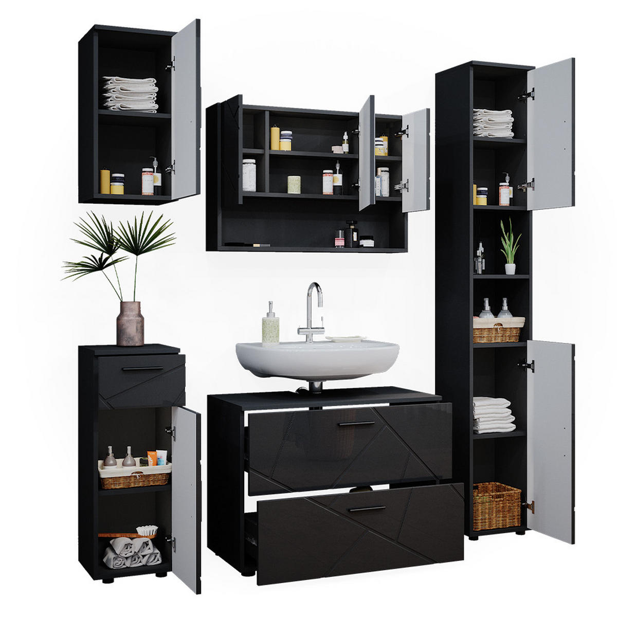 BADMÖBEL-SET Irma Anthrazit Hochglanz 5 Teile - Anthrazit, Holzwerkstoff (80/58.6/41cm) - Vicco