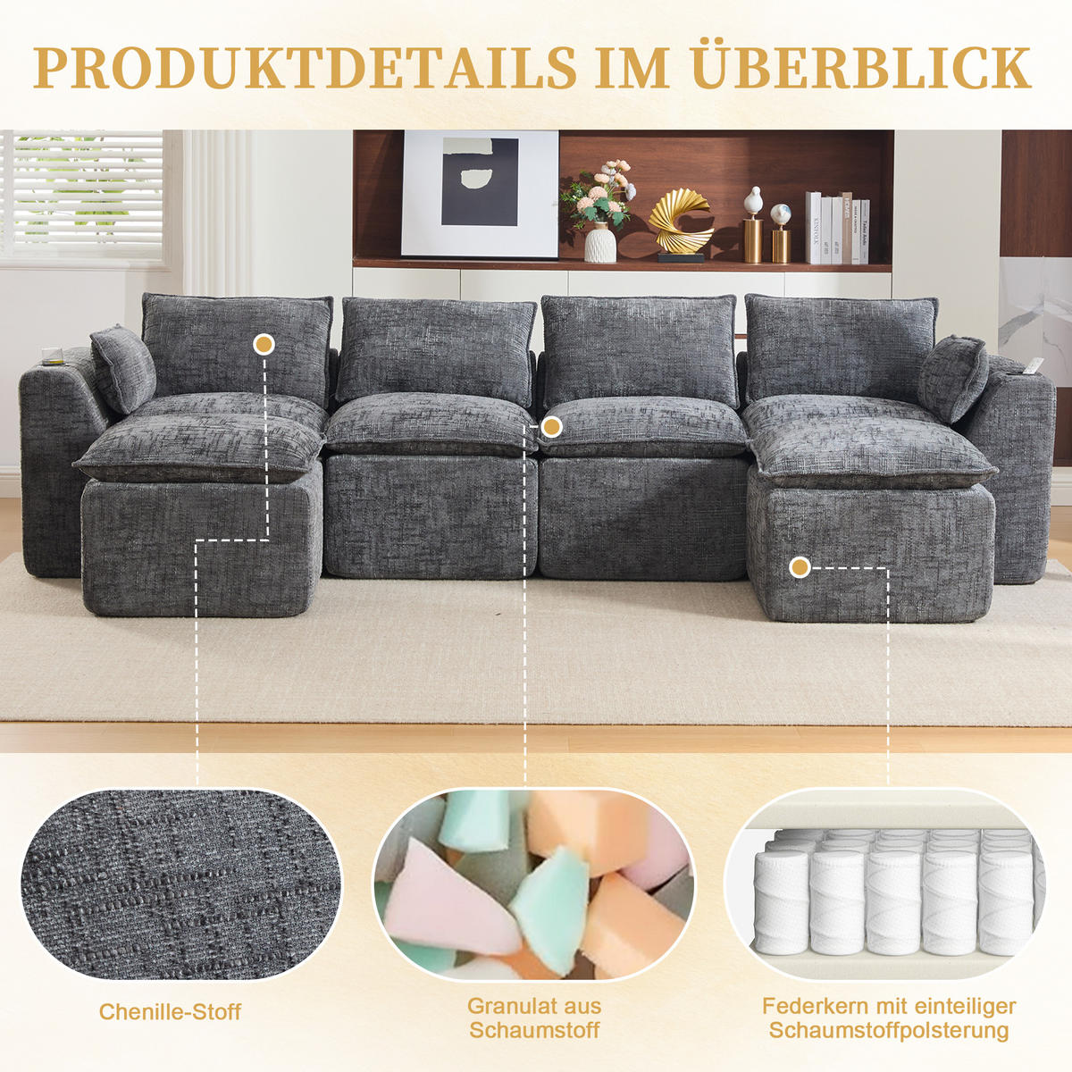 WOHNLANDSCHAFT mit 2 Fußhockern, Getränkehalter und Federkern aus Chenille - Dunkelgrau, Textil (322/75/161cm) - EVRYAE